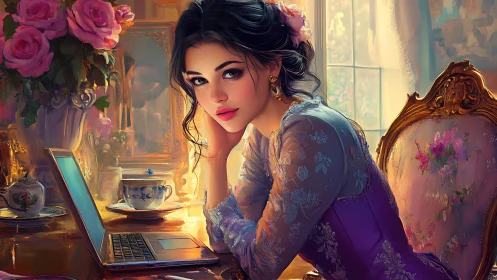 Woman works at laptop in ornate, flower-filled room