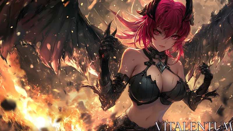 Fierce demon-winged warrior rises boldly from blazing fire