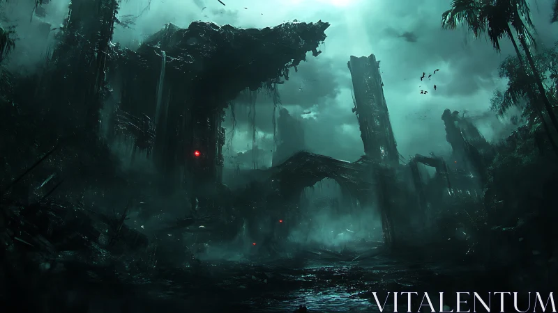 Ruined vertical structures in foggy forested landscape at dusk.