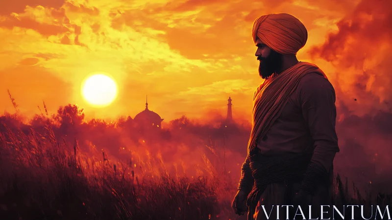 Turbanned man in field against orange sunset and domes.