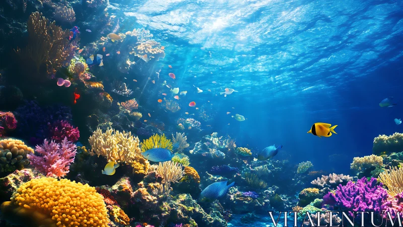 Colorful coral reef habitat with tropical marine fish species.