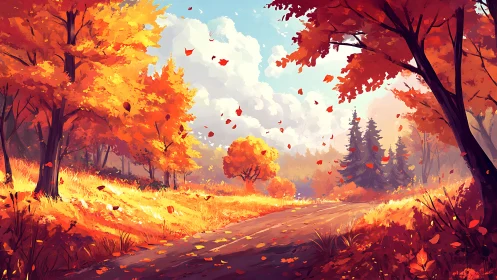 Autumn Forest Road with Falling Leaves and Trees