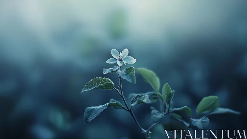 Delicate White Flower with Frost-Kissed Foliage Against Blurred Teal Background.