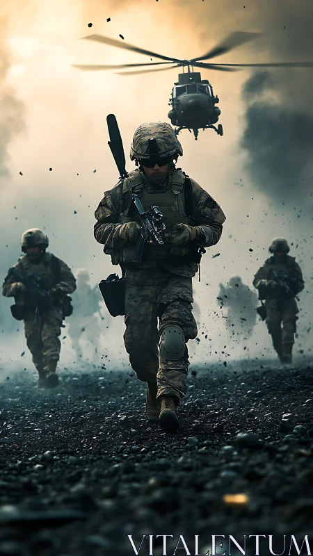 Tactical infantry advance under rotary-wing aerial support.