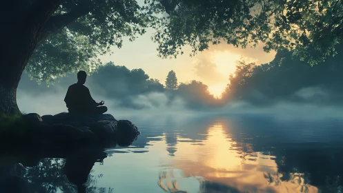 Silhouette in seated meditation beside calm misty lake at dawn.