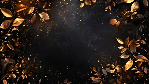 Metallic gold foliage border frames textured dark background
