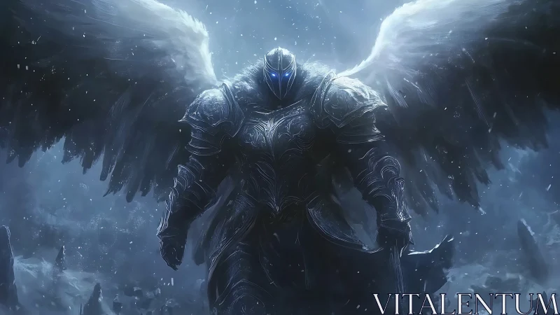 Armored angel warrior dominates stormlit frozen battlefield.