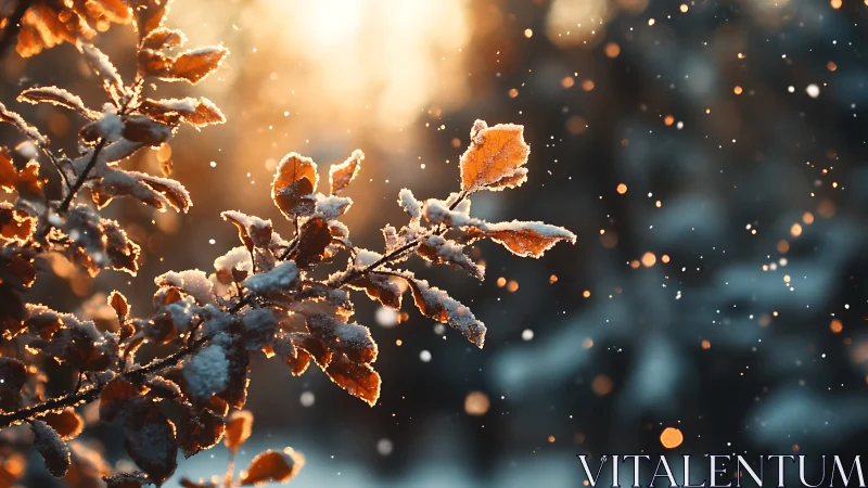 Backlit frosted leaves capture shallow depth and golden bokeh