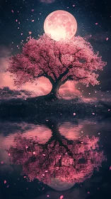 Moonlit blossom tree quietly crowns the mirrored night sky