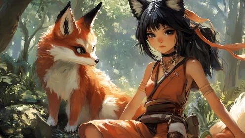 Forest fox girl rests with her loyal fox companion