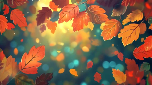 Colorful autumn leaves falling against soft sunlight.
