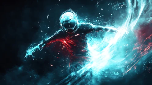 Kinetic digital soccer figure in luminous cyan energy field.