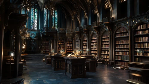 Gothic vaulted library interior with warm cinematic lighting.