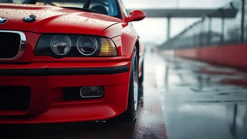 Rain kissed red track beast waits on a glistening pit lane.