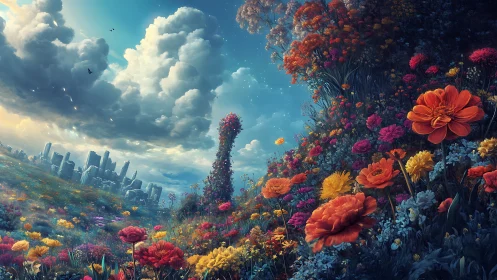 Futuristic city dissolves into hyperreal blooming hillside garden