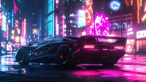 Sleek neon supercar cruising through a glowing night city.