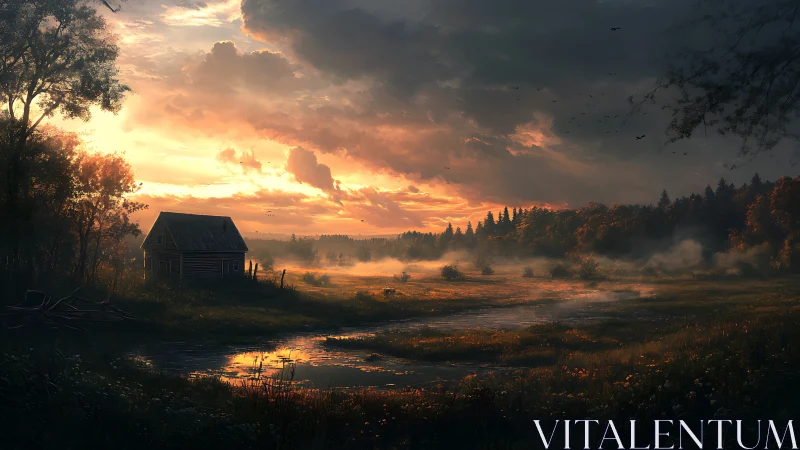 Sunlit misty meadow with cabin under stormy sunset sky.