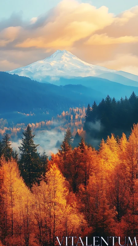 Snowy mountain peak rises above glowing autumn forest.