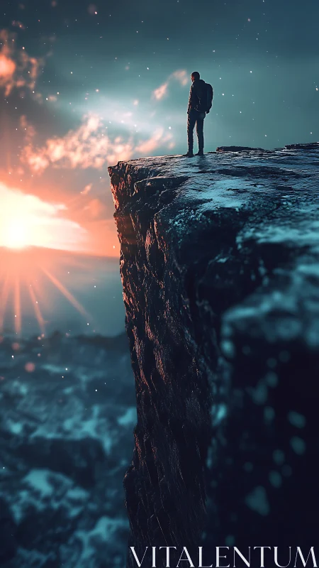 Solitary summit dreamer weighs horizons at frozen dawn