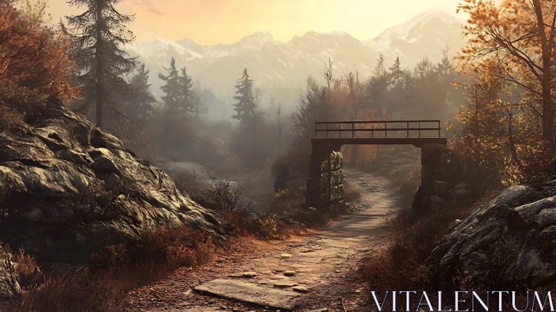 Autumn mountain trail under stone bridge with volumetric dawn fog