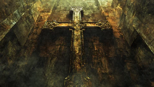Golden cross rising through shadowed stone and quiet light.