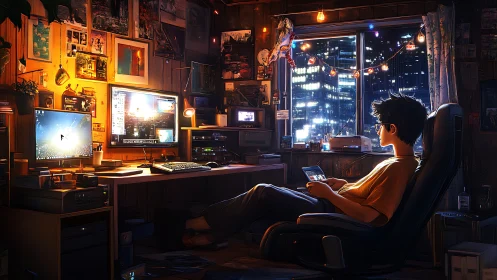 Night coder in neon-lit bedroom studio workspace.