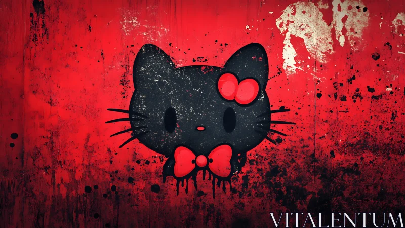 Grunge vector cat emblem on distressed crimson graffiti field.