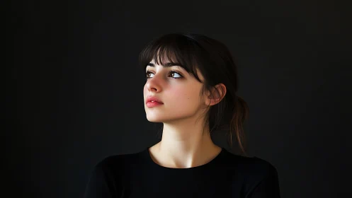 Quiet gaze toward distant light in a soft black portrait.