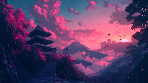 Temple and mountain skyline under vivid pink sunset.