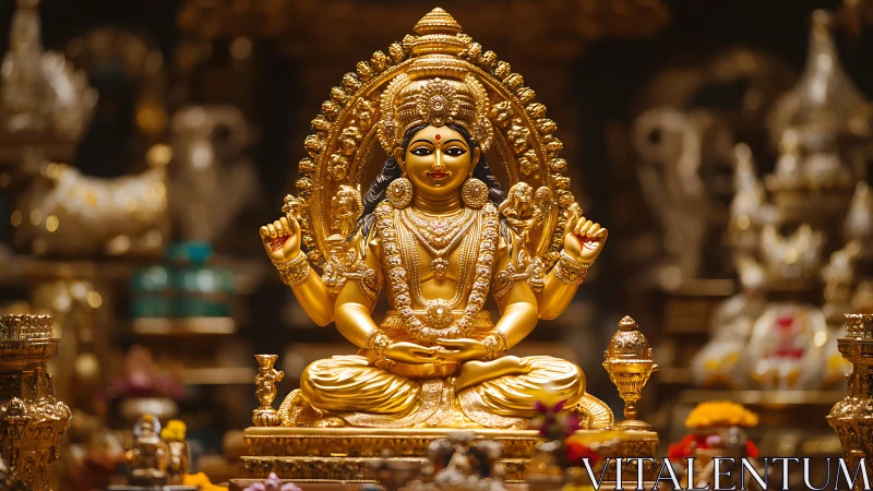 Golden Hindu deity statue under warm ceremonial lighting.