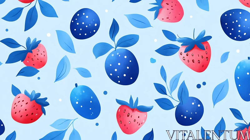 Patterned illustration of strawberries and blueberries on blue