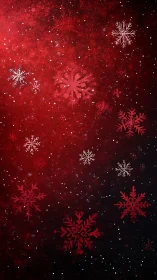 Red gradient snowfall background renders stylized snowflakes