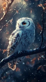 Snowy owl perched in bokeh-lit forest under drifting particles
