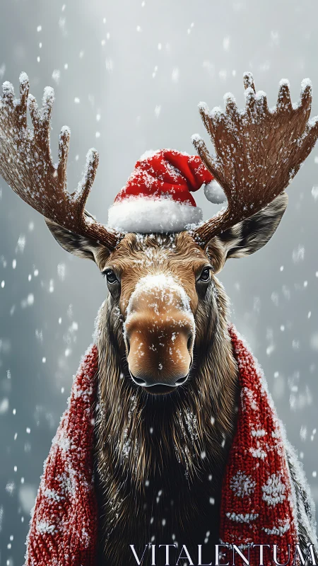 Snow-dusted Christmas moose in cozy scarf and Santa hat.