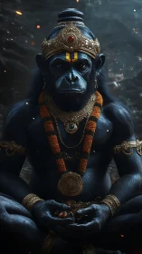 Hyper-realistic blue simian deity rendered with intricate gold regalia