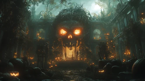 Haunted courtyard with skull gate and glowing pumpkins.