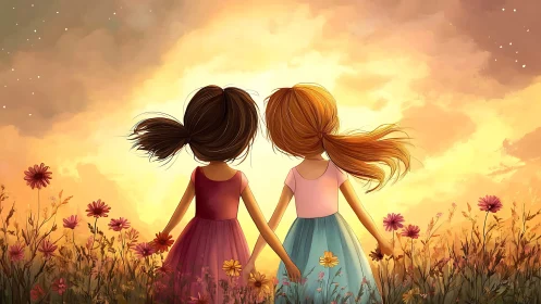 Two girls holding hands in a flower field at sunset, digital art.