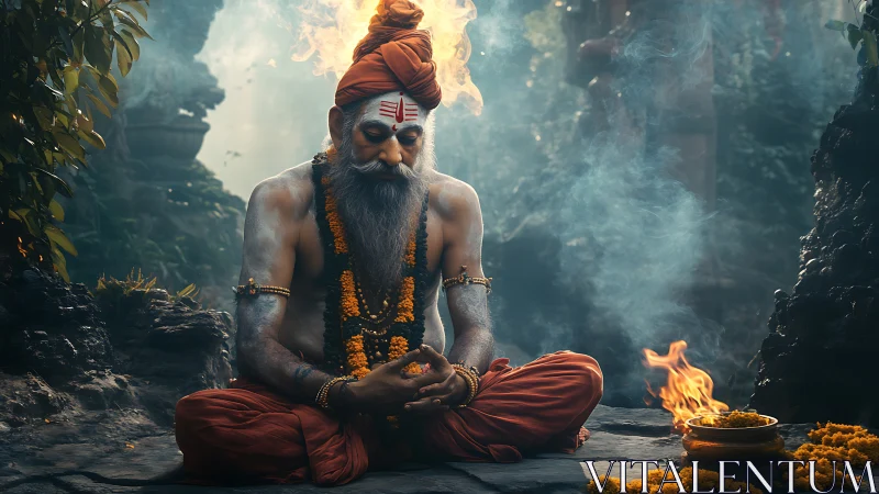 Elderly ascetic sits cross-legged amid controlled ritual fires