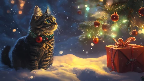Curious Christmas kitten gazes at glowing tree and gift