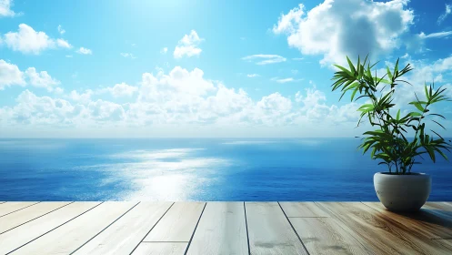 Potted plant on wooden deck overlooking calm ocean horizon.