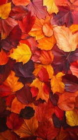 Overlapping autumn leaves in red, orange and yellow tones.