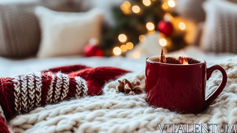 Cozy red mug and knit blanket glow in festive bokeh light.