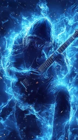 Hooded storm guitarist forged from electric blue fire.