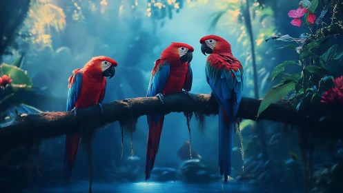 Three scarlet macaws perch on a mossy branch in dense forest