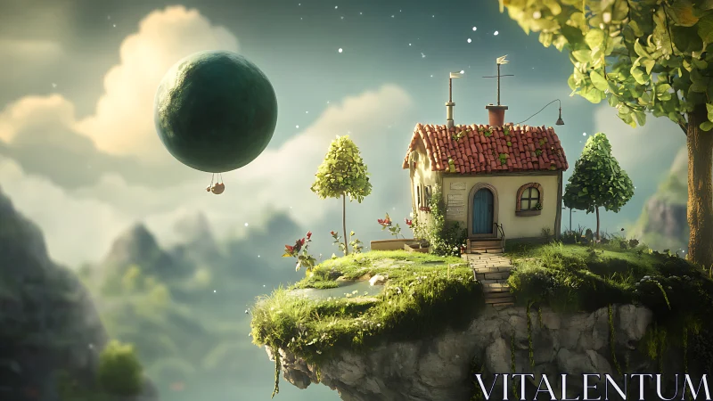 Floating cottage on grassy island with hovering sphere planet.