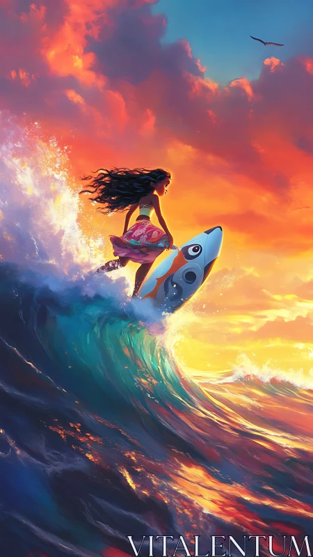 Sunlit surfer girl rides stylized rocket board at golden hour