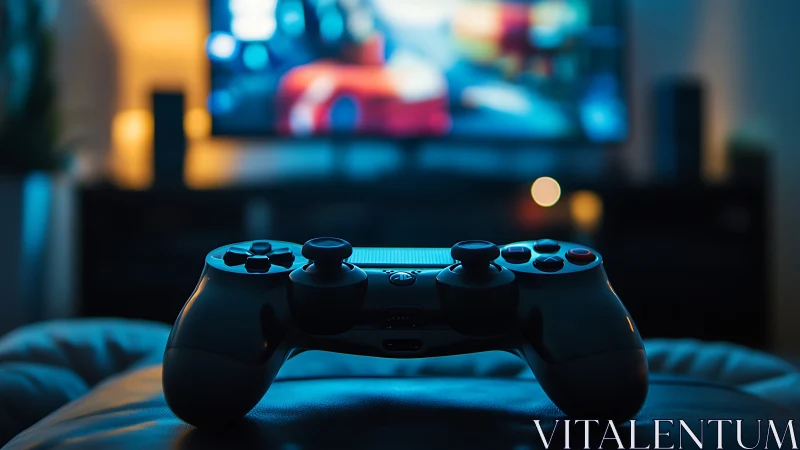 Game controller rests in cinematic low-key ambient lighting