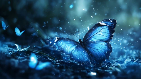 Luminous blue butterfly rests in glowing midnight rain
