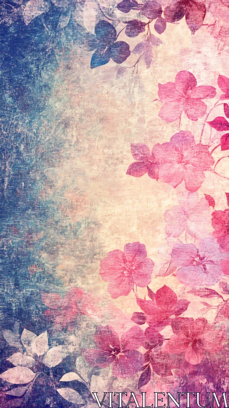 Vintage Floral Gradient with Pink Blossoms and Blue Texture.
