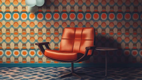 Retro lounge chair against bold geometric wallpaper backdrop.